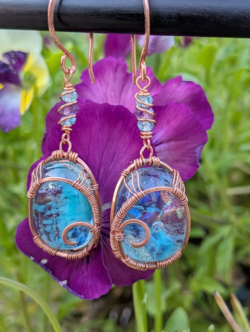 Mermaid Goddess Earrings - Artisan Dichroic Glass with Natural Gems in Copper - Picture 3 of 16